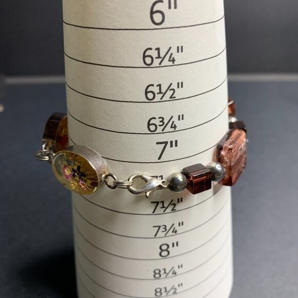 925 Sterling Silver Pressed Flower Lampwork Beaded Bracelet - Picture 4 of 5